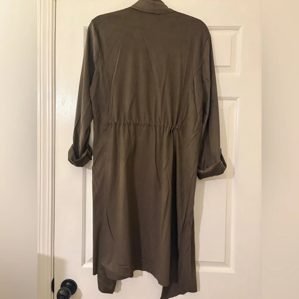 Philosophy olive faux leather Open Front duster Cardigan with drawstring size L - Picture 5 of 6